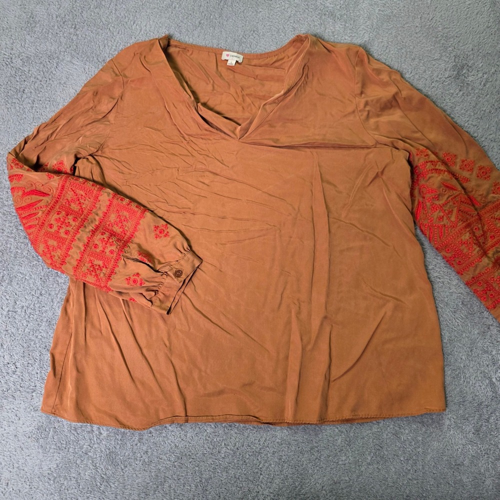 Cremieux Womens L Blouse Terracotta Embroidered Sleeve Tencel Boho Split V-Neck